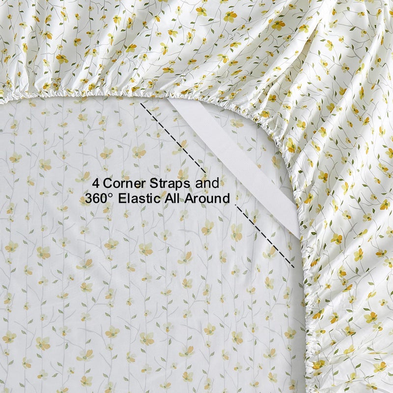 Softan King Sheet Set Yellow Floral Bed Sheets Printed Sheets - 4 Piece Soft Microfiber Patterned Fitted Sheets King with 15" Deep Pocket and Corner Straps, Cute Yellow Flower Sheets & Pillowcase Set - Image 2